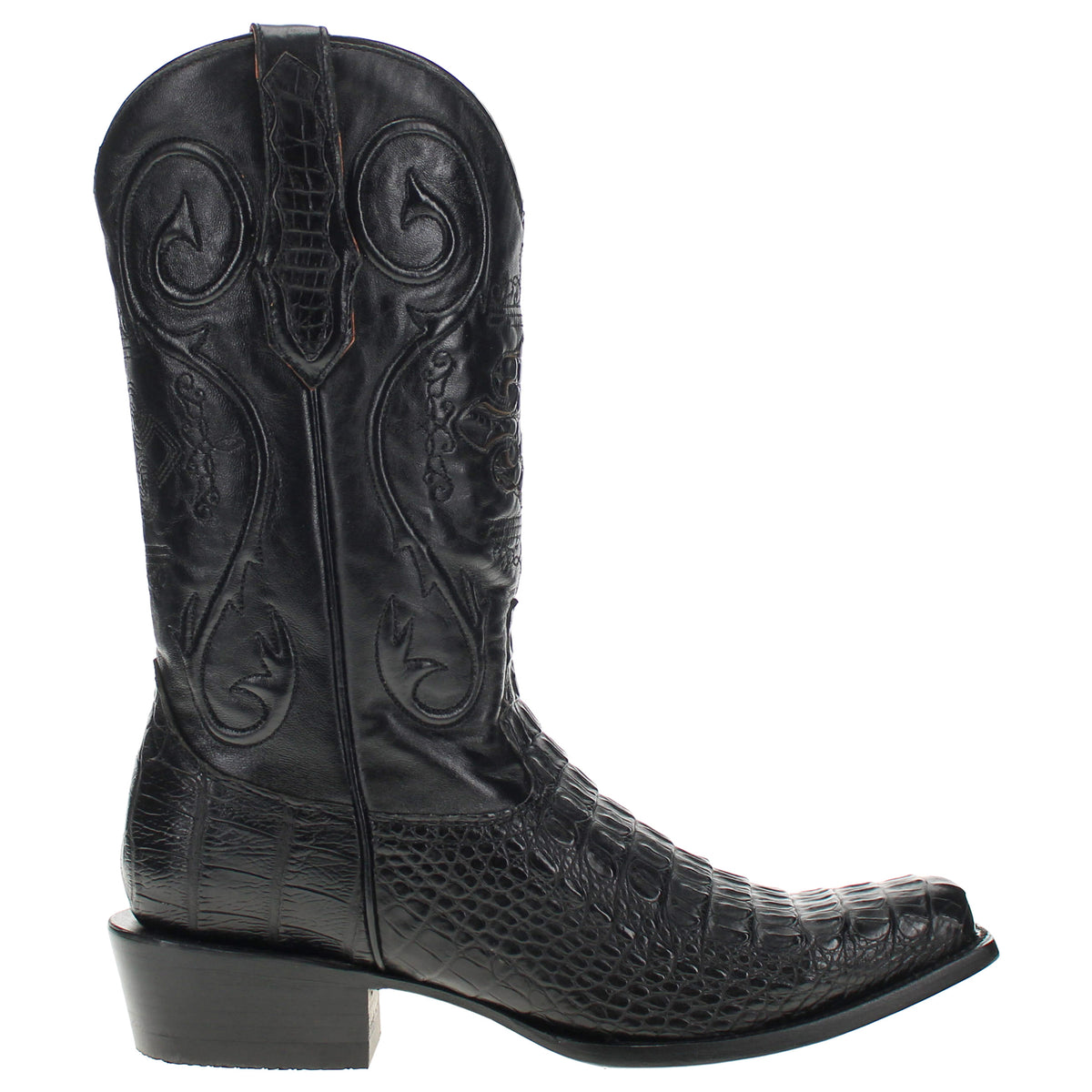 Black cowboy boot angled view with embossed panels and dark stitched upper.