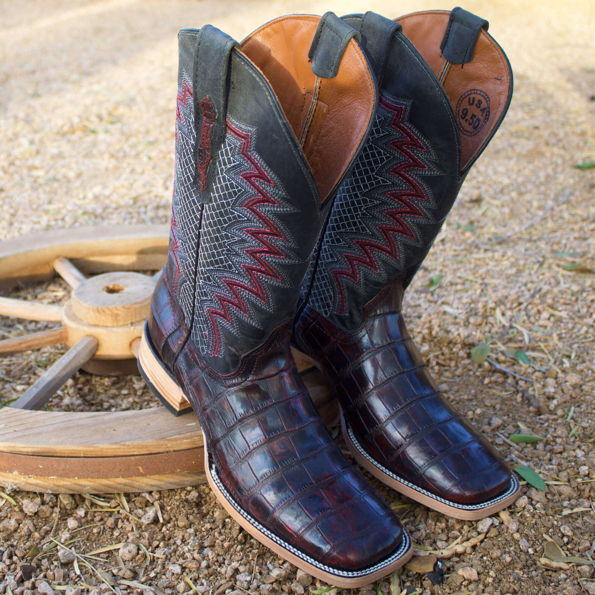 Mens Black Cherry American Alligator Belly Tail Square Toe Cowboy Boots with Similar Look to Caiman by Vaccari
