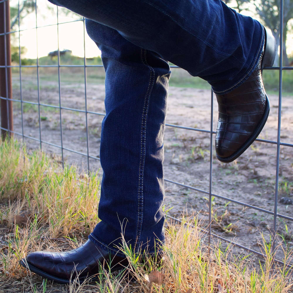 Mens Black Cherry American Alligator Belly Round Toe Western Boot That Looks Similar to Caiman Crocodile