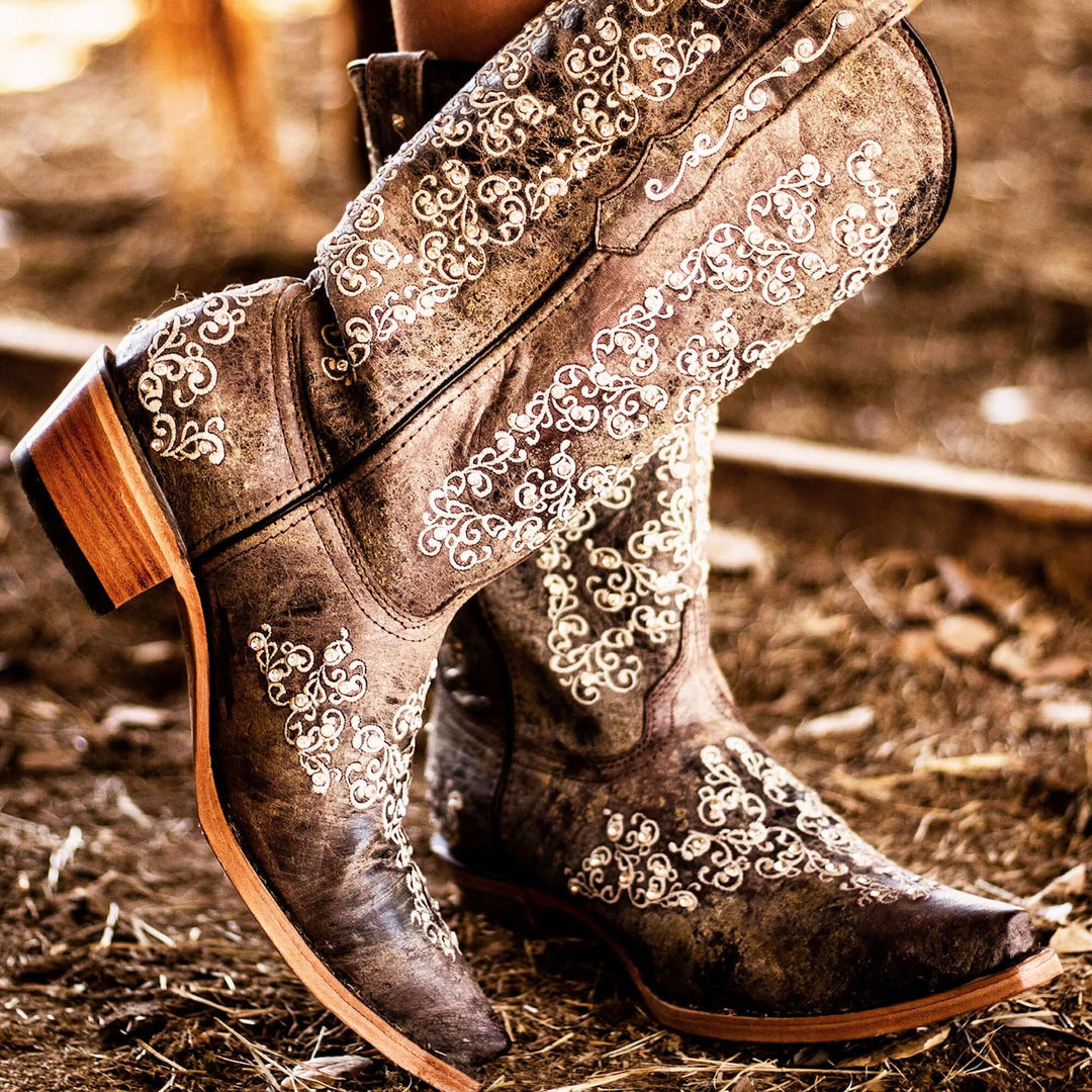 Women's Vaccari Distressed Brown Snip Toe Crystal Embellished Cowgirl Boots | Brooklyn #select-a-toe_snip