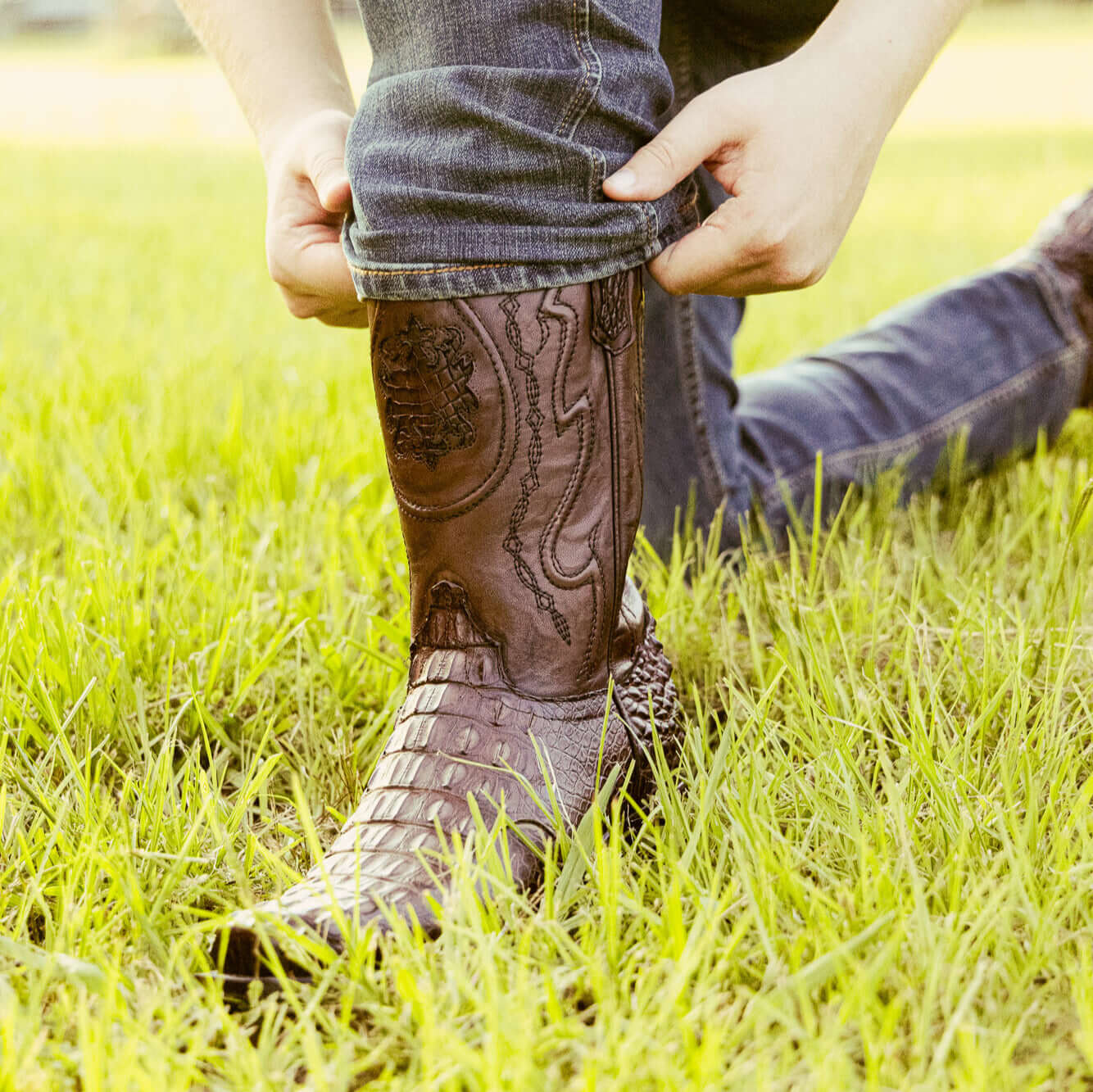 Men's Mocha American Alligator Hornback Boots With Inlays by Vaccari