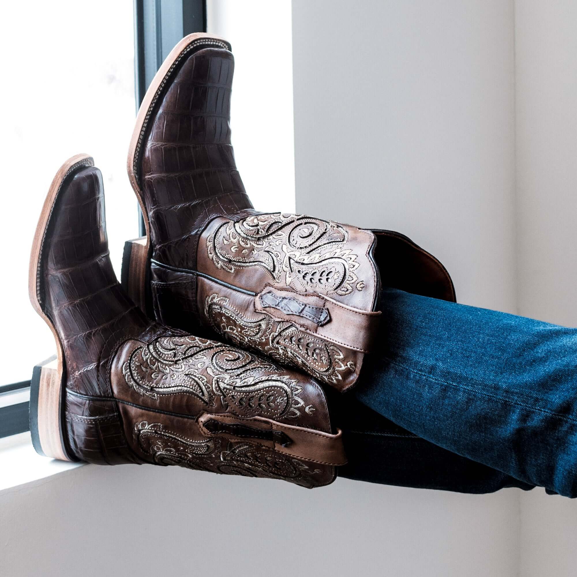 Womens Brown American Alligator Belly Tail Western Square Toe Boots with Decorative Top by Vaccari