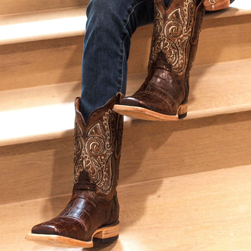 Womens Brown American Alligator Belly Tail Western Square Toe Boots with Decorative Top by Vaccari