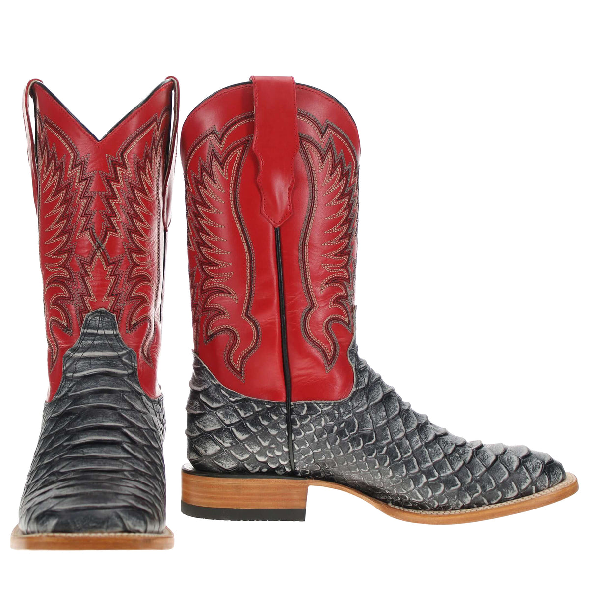 Pair of western boots with red shafts and dark scaly toes
