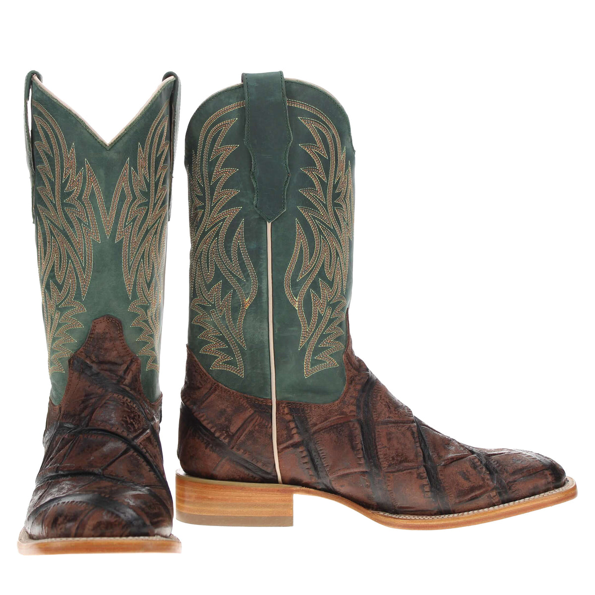 Logan western boots with dark green embroidered shaft and brown leather toe