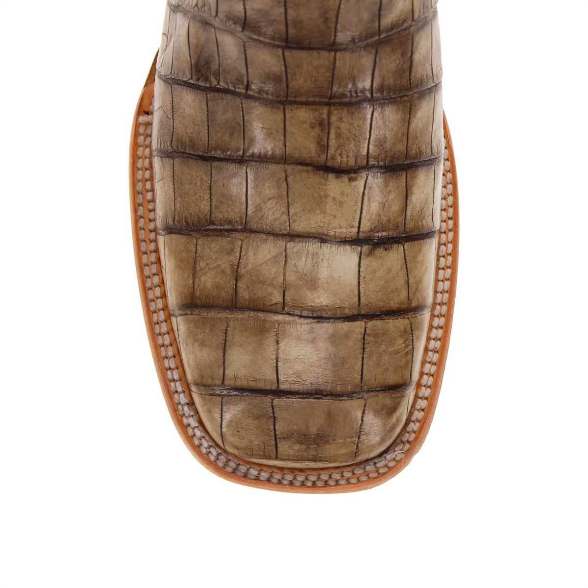 Tan and brown cowboy boot with quilted side panels and stacked heel