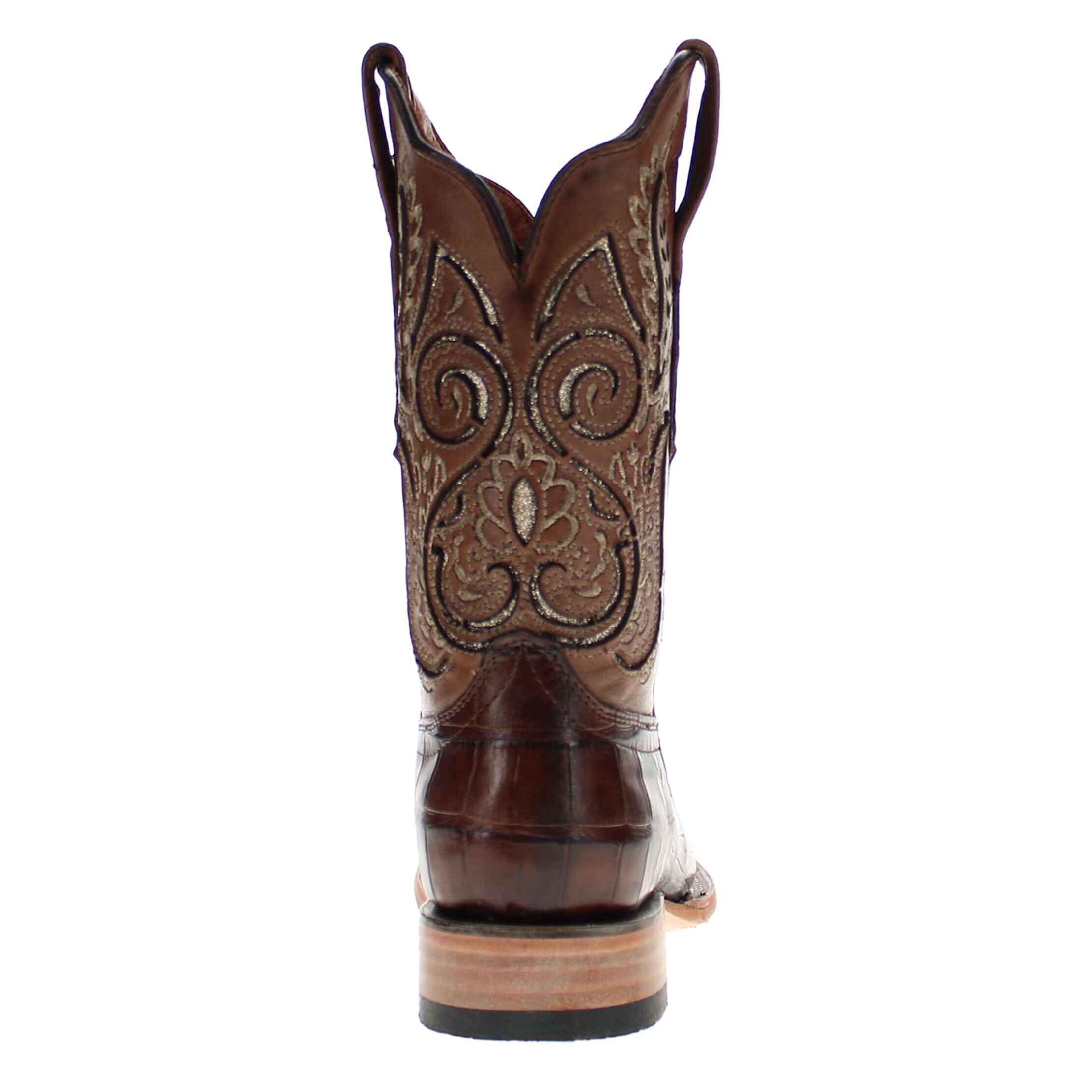 Womens Brown American Alligator Belly Tail Western Square Toe Boots with Decorative Top by Vaccari