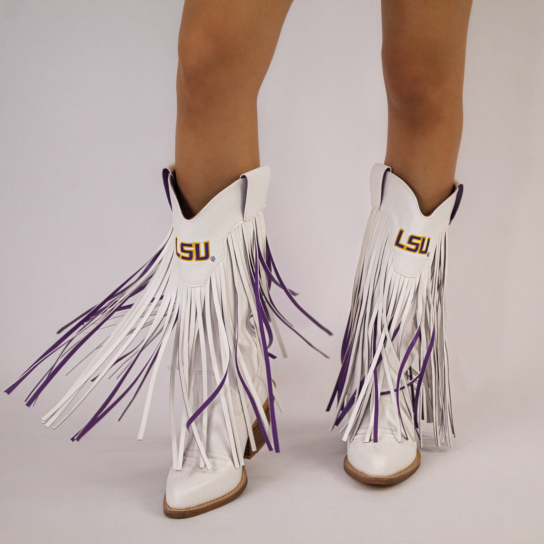 Women's Louisiana State University White Fringe Cowgirl Boots Kacey by V by Vaccari