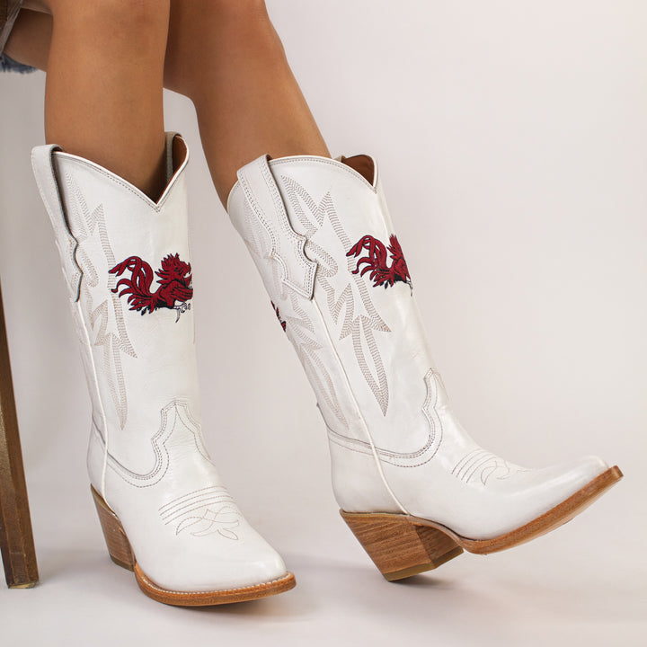 Women's South Carolina University All White Pointed Toe Cowgirl Boots Leighton Vaccari University