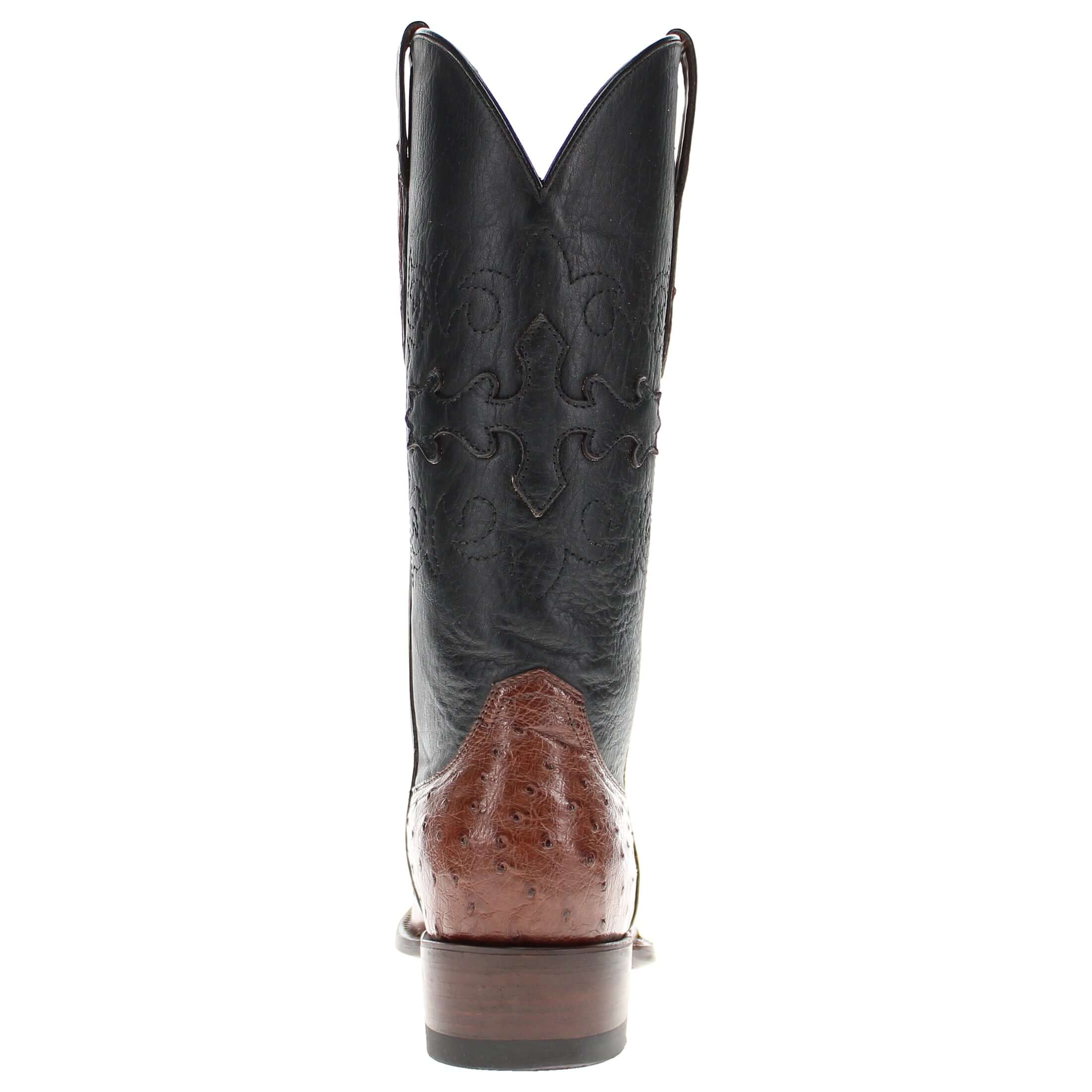 Mens mocha leather western boots with narrow square toe and decorative stitching, featuring full-quill ostrich leather on the foot for added texture.
