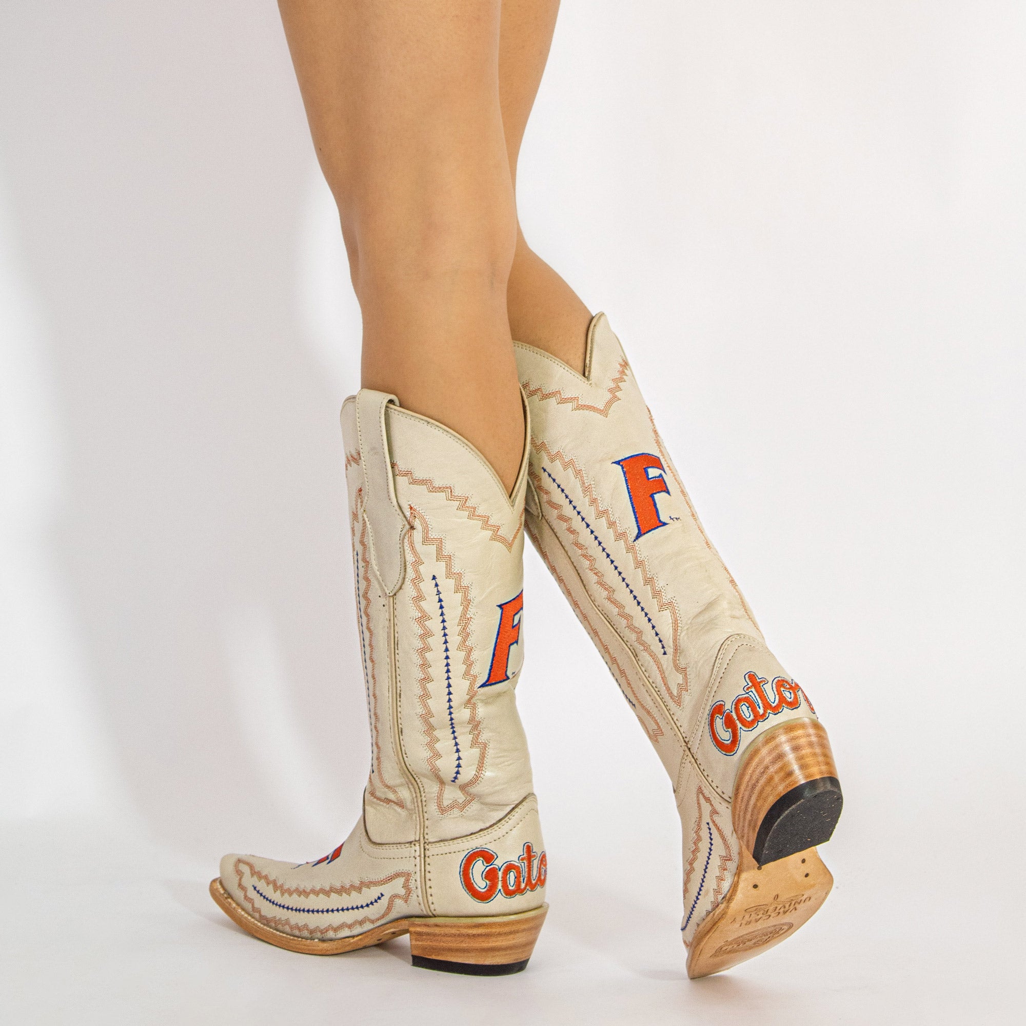 Women's University of Florida Gators Bone Leather Cowgirl Snip Toe Boots by Vaccari