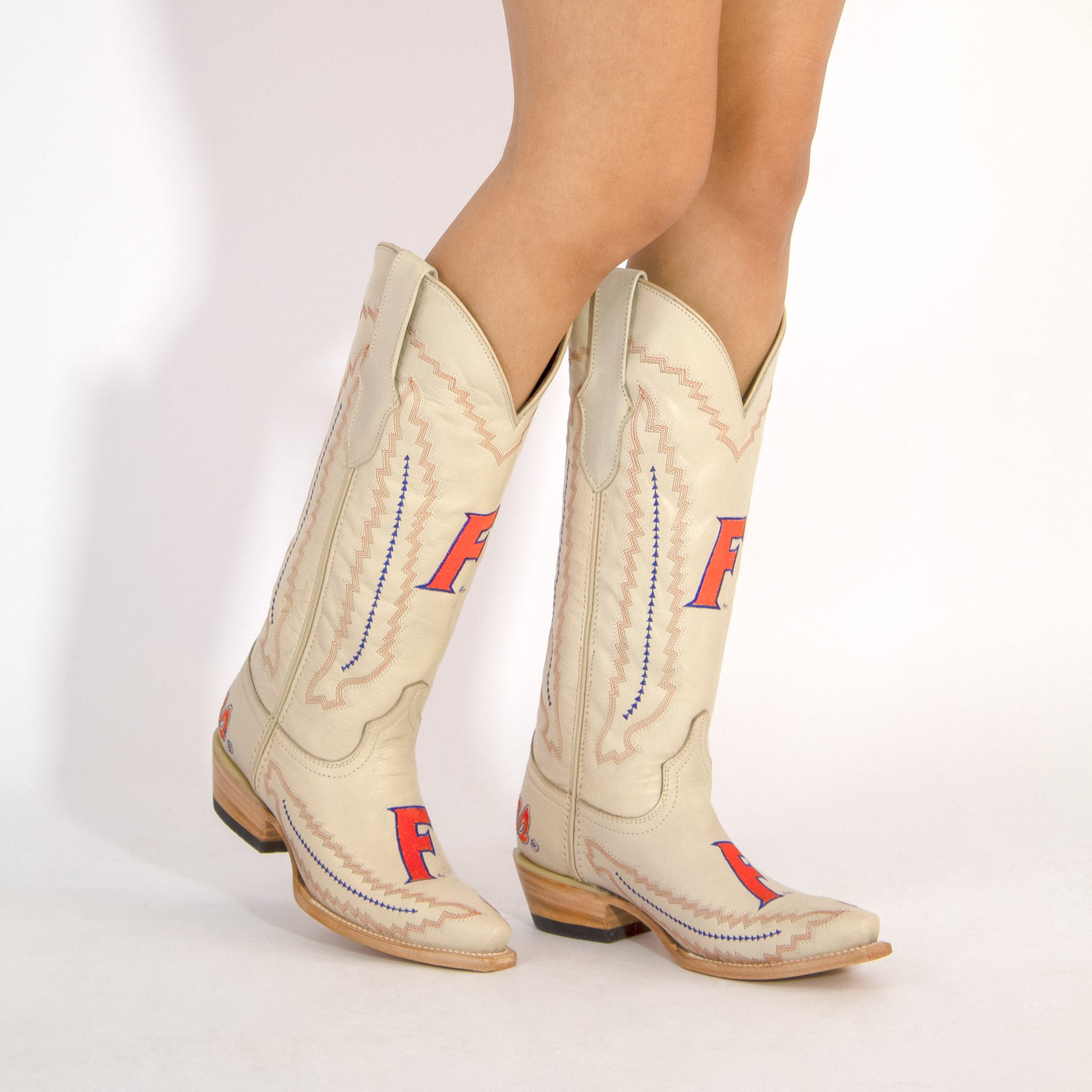 Women's University of Florida Gators Bone Leather Cowgirl Snip Toe Boots by Vaccari