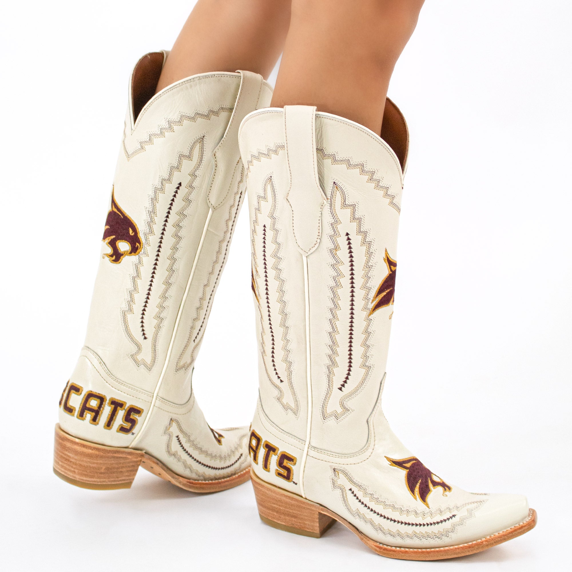 Women's Texas State University Bobcats Bone Leather Snip Toe Cowgirl Boots by Vaccari