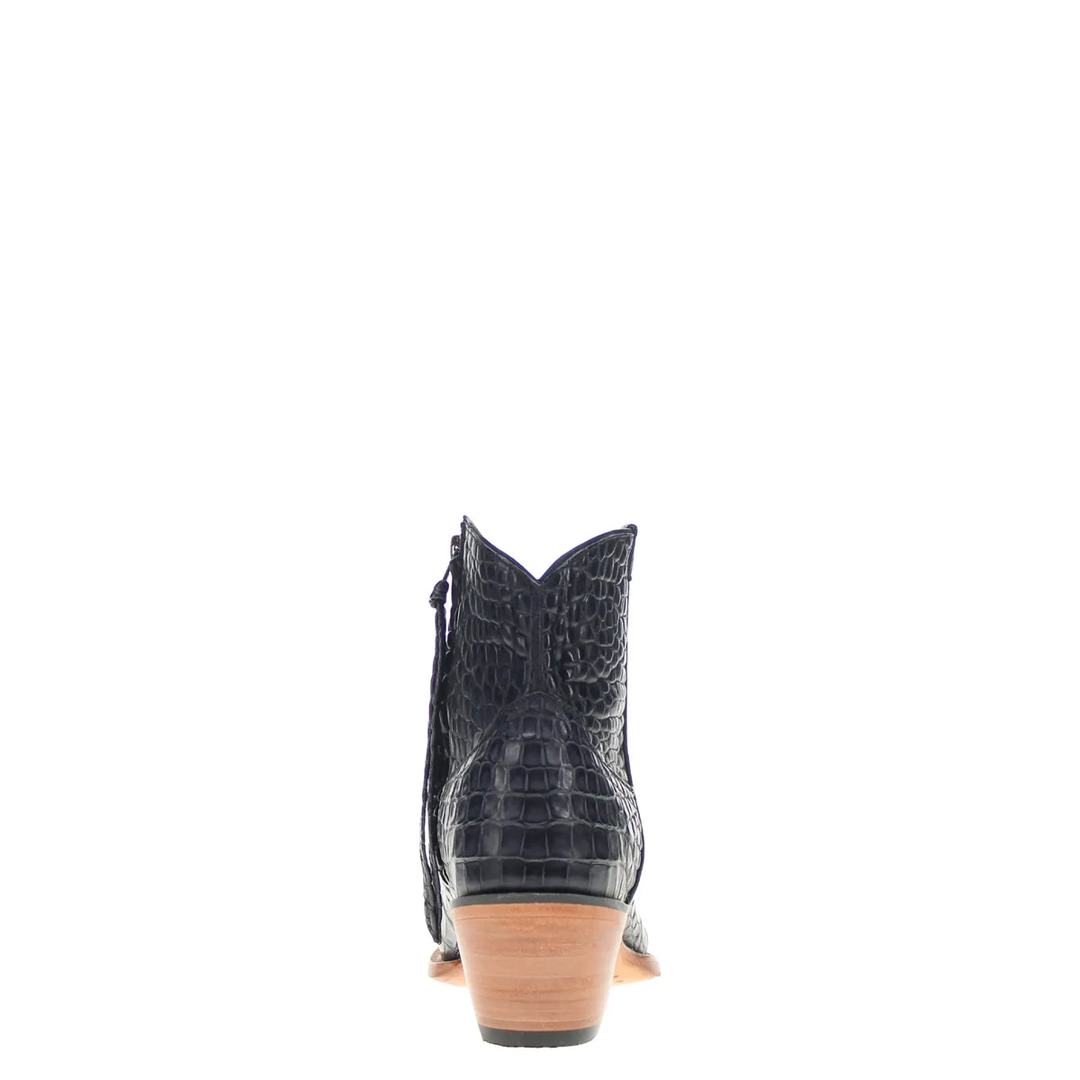 navy blue alligator belly mid-calf western boot, stacked wood-tone heel, pull-on style