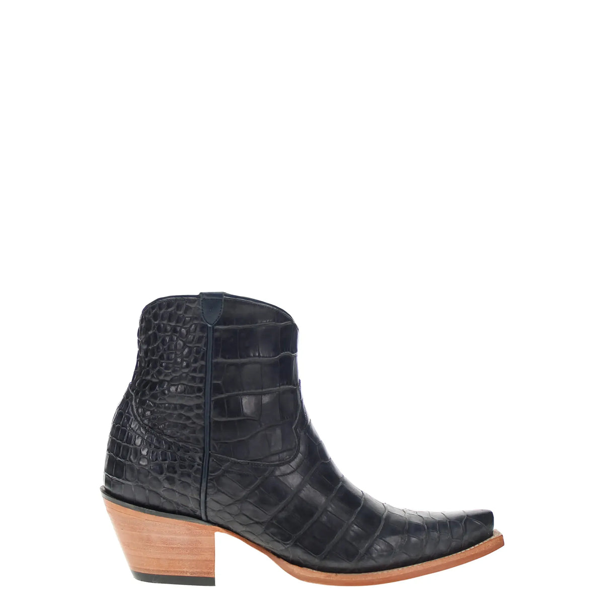 navy blue alligator belly ankle boot with side pull-on and wood-tone block heel