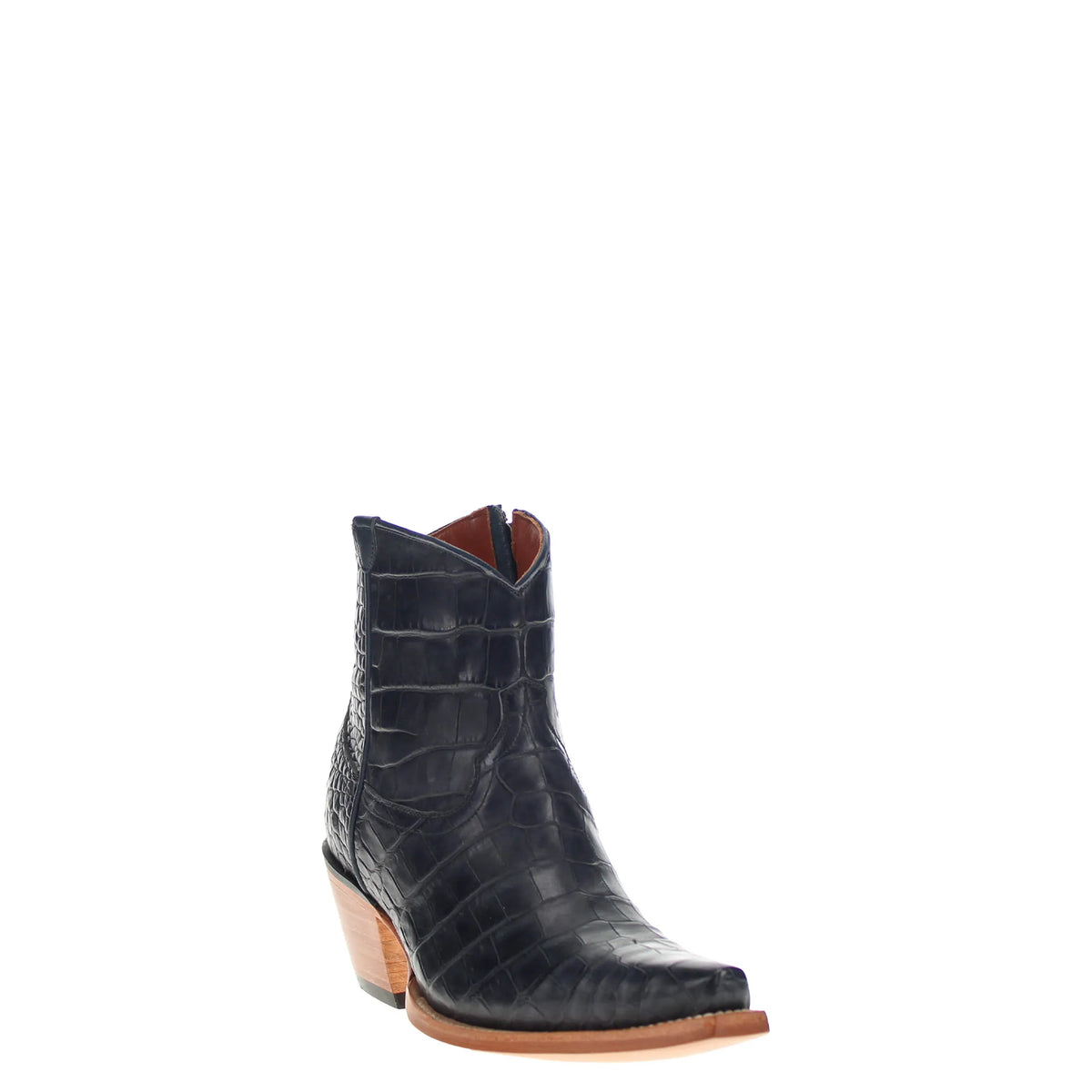 navy blue alligator belly mid-calf western boot with pull tabs and wood-tone block heel