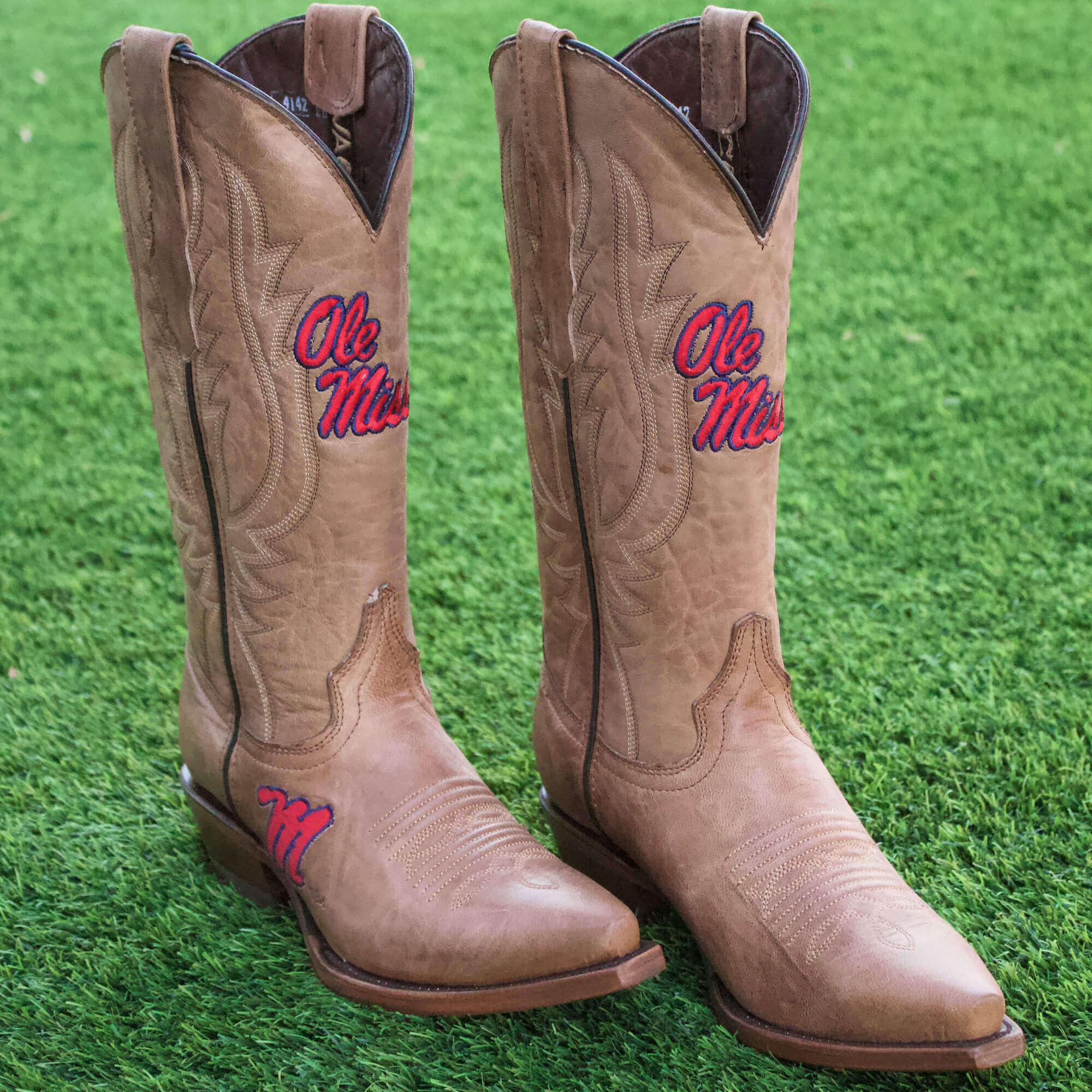 Women's University of Mississippi Ole Miss Tan Leather Snip Toe Cowgirl Boots by Vaccari