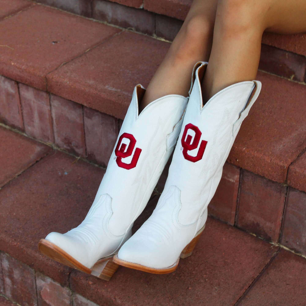 Women's University of Oklahoma Sooners All White Pointed Toe Cowgirl Boots Leighton by Vaccari
