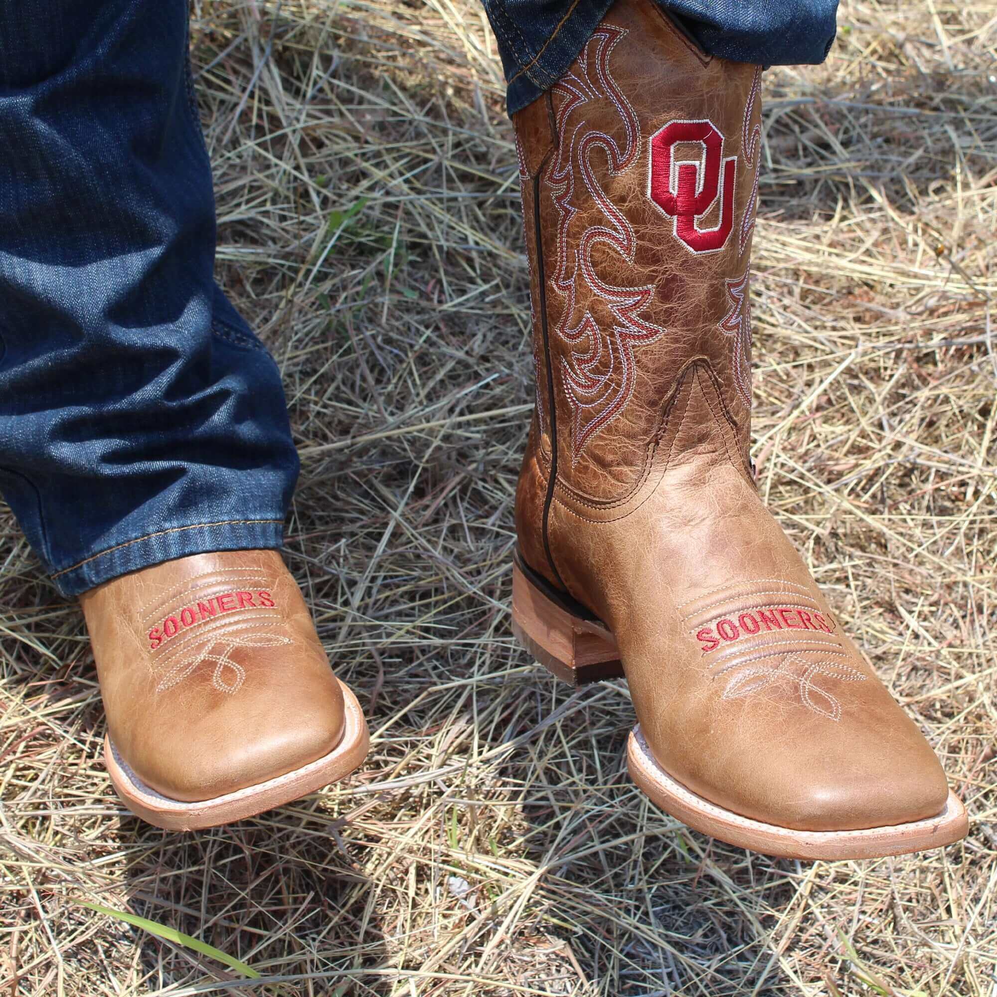 Men's University of Oklahoma Sooners Tan Leather Square Toe Cowboy Boots by Vaccari
