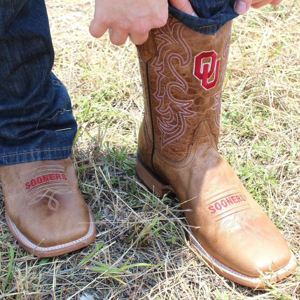 Men's University of Oklahoma Sooners Tan Leather Square Toe Cowboy Boots by Vaccari