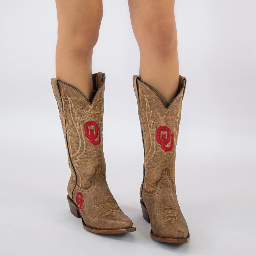 Women's University of Oklahoma Sooners Tan Leather Snip Toe Cowgirl Boots by Vaccari