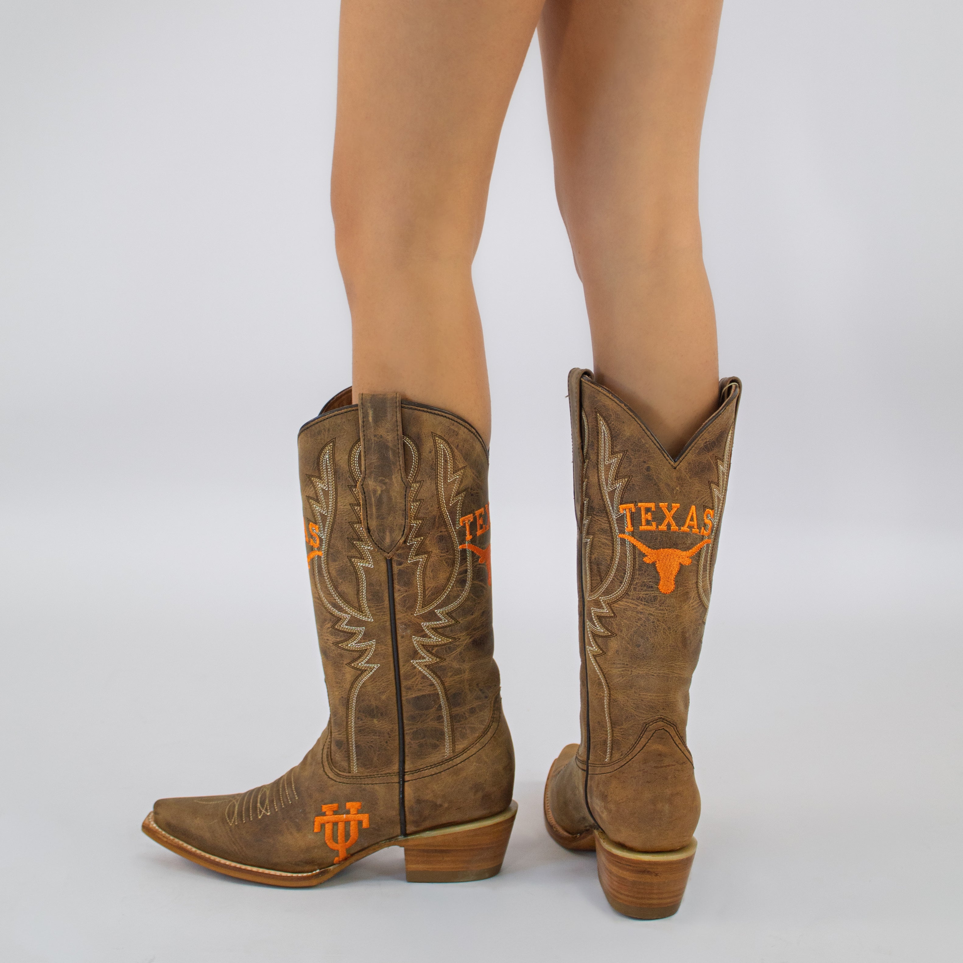 Women's University of Texas Longhorns Tan Leather Snip Toe Cowgirl Boots by Vaccari