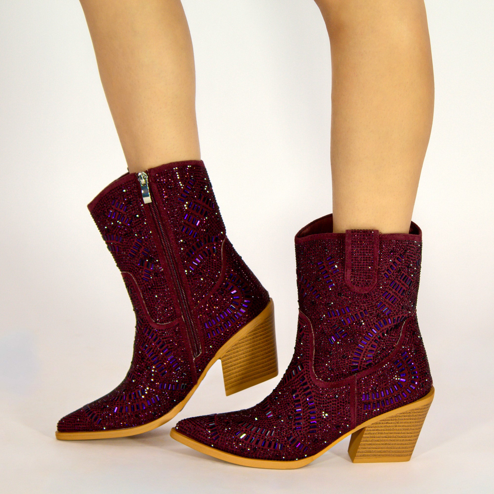 Women's Maroon Bling Cowgirl Booties Sadie by V by Vaccari