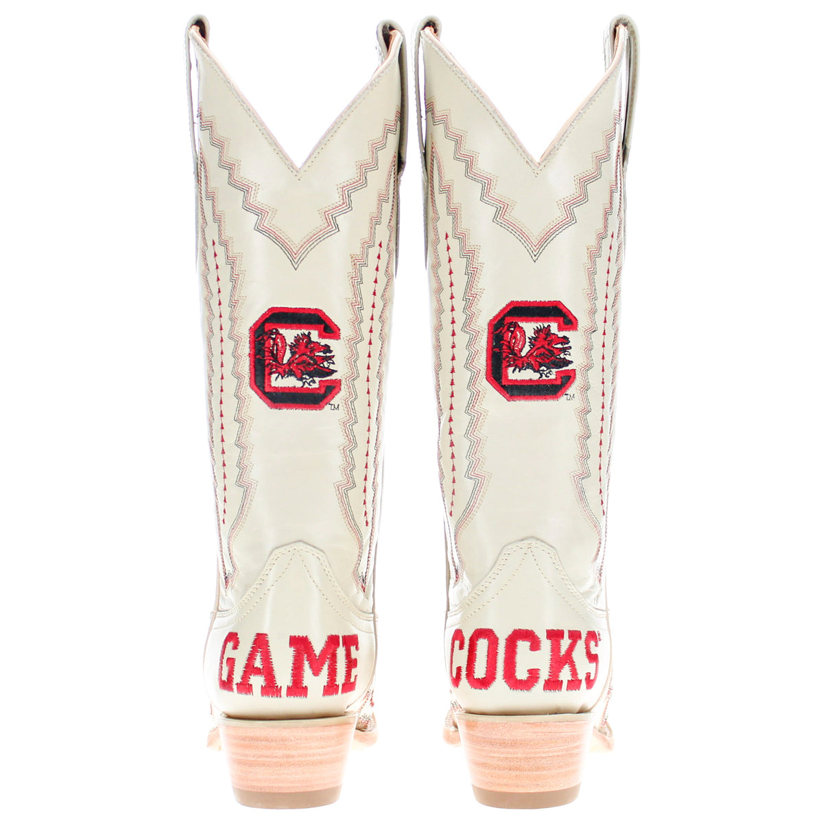 Back view of cream cowboy boots with red emblem logos and stitched detailing