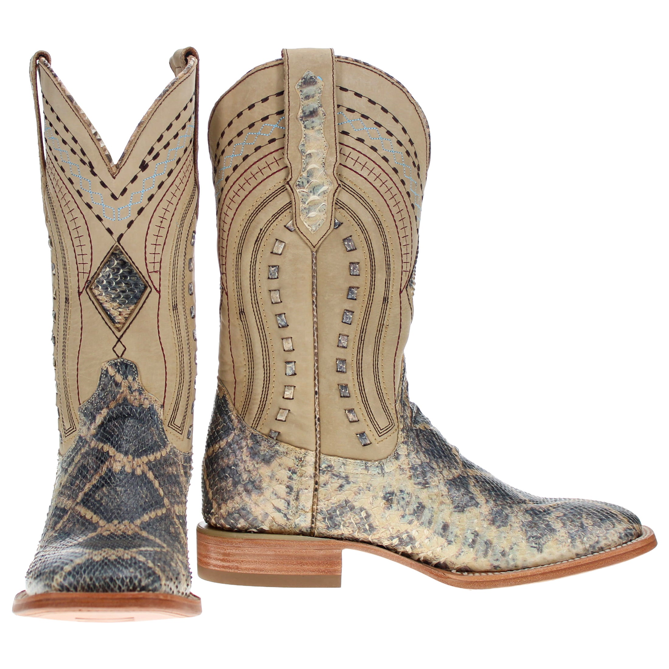 Men's Beige Python with Rattlesnake Overlay Square Toe Cowboy Boots by Vaccari