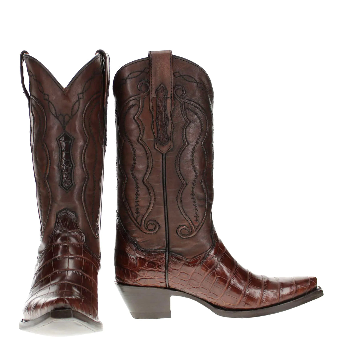 A pair of mocha alligator belly leather cowboy boots, featuring decorative stitched detailing on the shafts, shown from the front and side against a white background