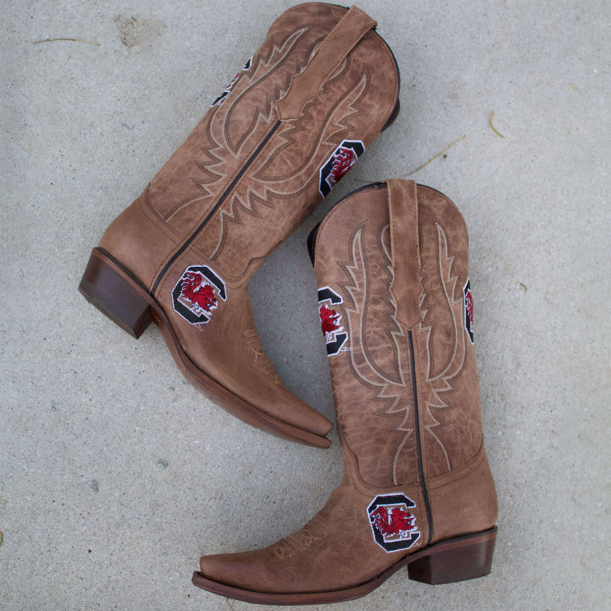 Women's University of South Carolina Gamecocks Tan Leather Snip Toe Cowgirl Boots by Vaccari