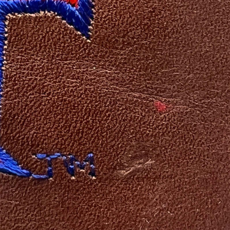 Brown leather cowboy boot, close-up of embroidered blue-and-red letter patch on side