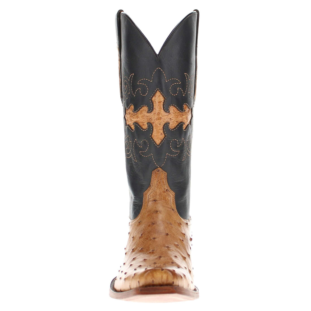 Mens Tan leather western boots with narrow square toe and decorative stitching, featuring full-quill ostrich leather on the foot for added texture.