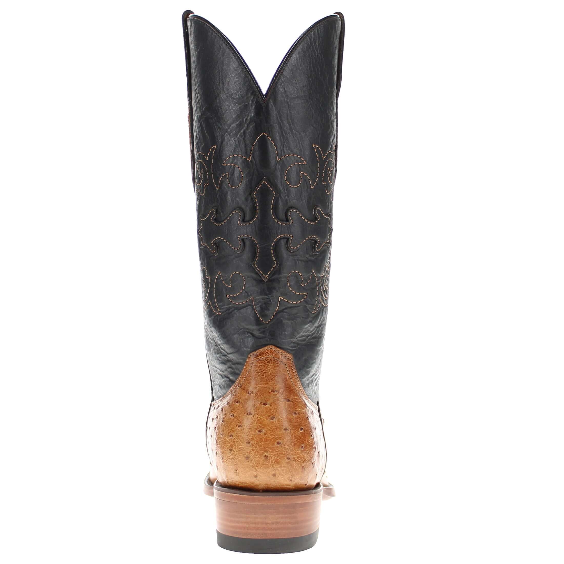 Mens Tan leather western boots with narrow square toe and decorative stitching, featuring full-quill ostrich leather on the foot for added texture.