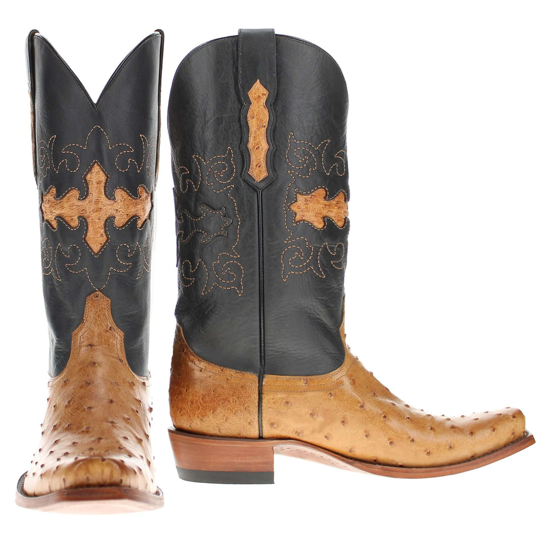 Mens Tan leather western boots with narrow square toe and decorative stitching, featuring full-quill ostrich leather on the foot for added texture.