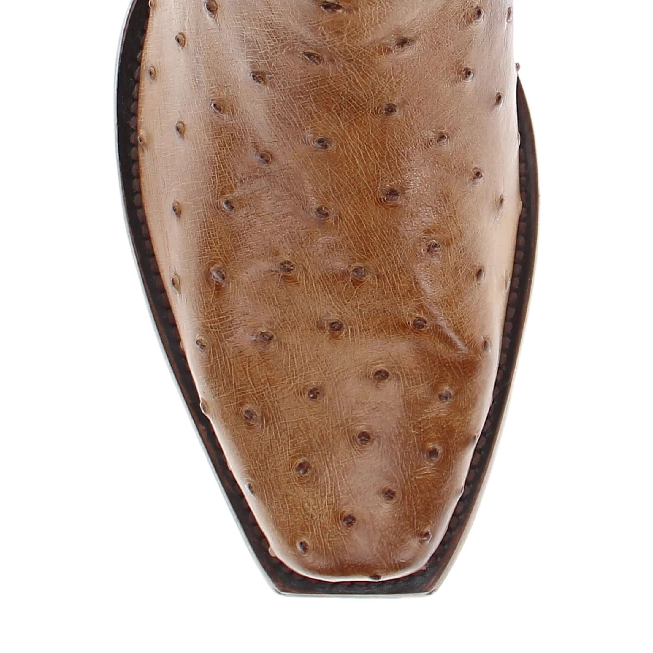 Mens Tan leather western boots with narrow square toe and decorative stitching, featuring full-quill ostrich leather on the foot for added texture.