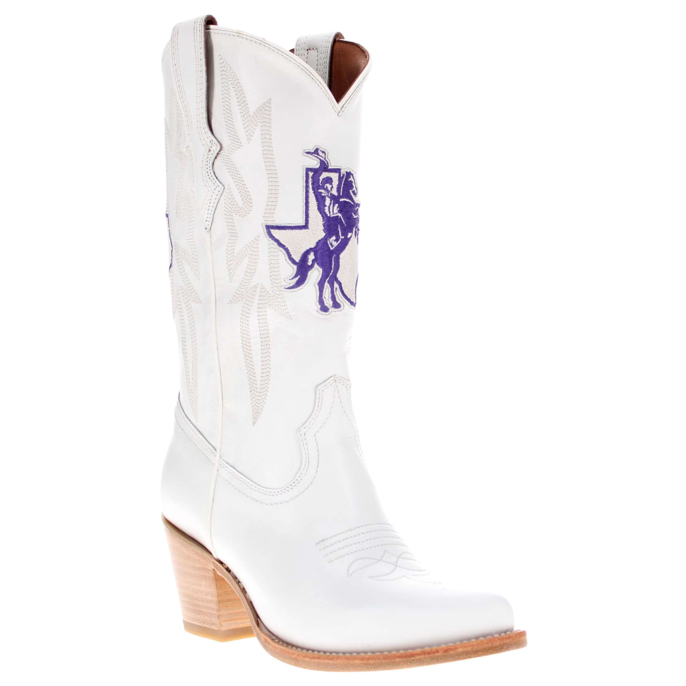 Women's Tarleton State University All White Pointed Toe Cowgirl Boots Leighton Vaccari University