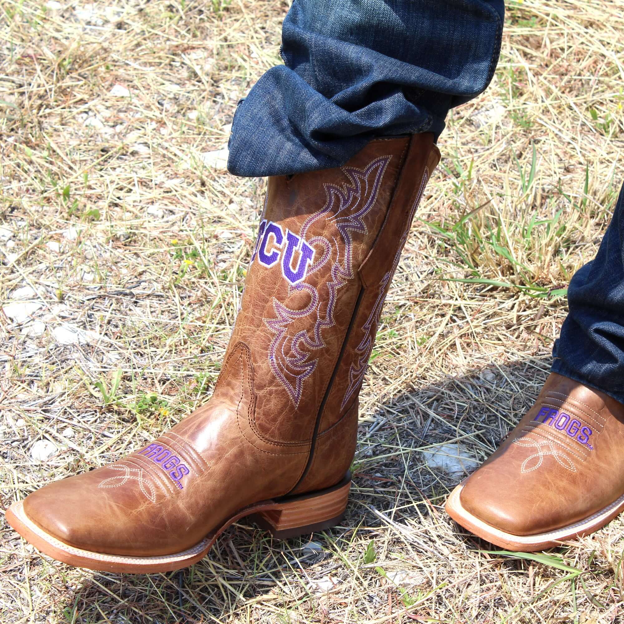 Men's TCU Horned Frogs Tan Leather Square Toe Cowboy Boots by Vaccari