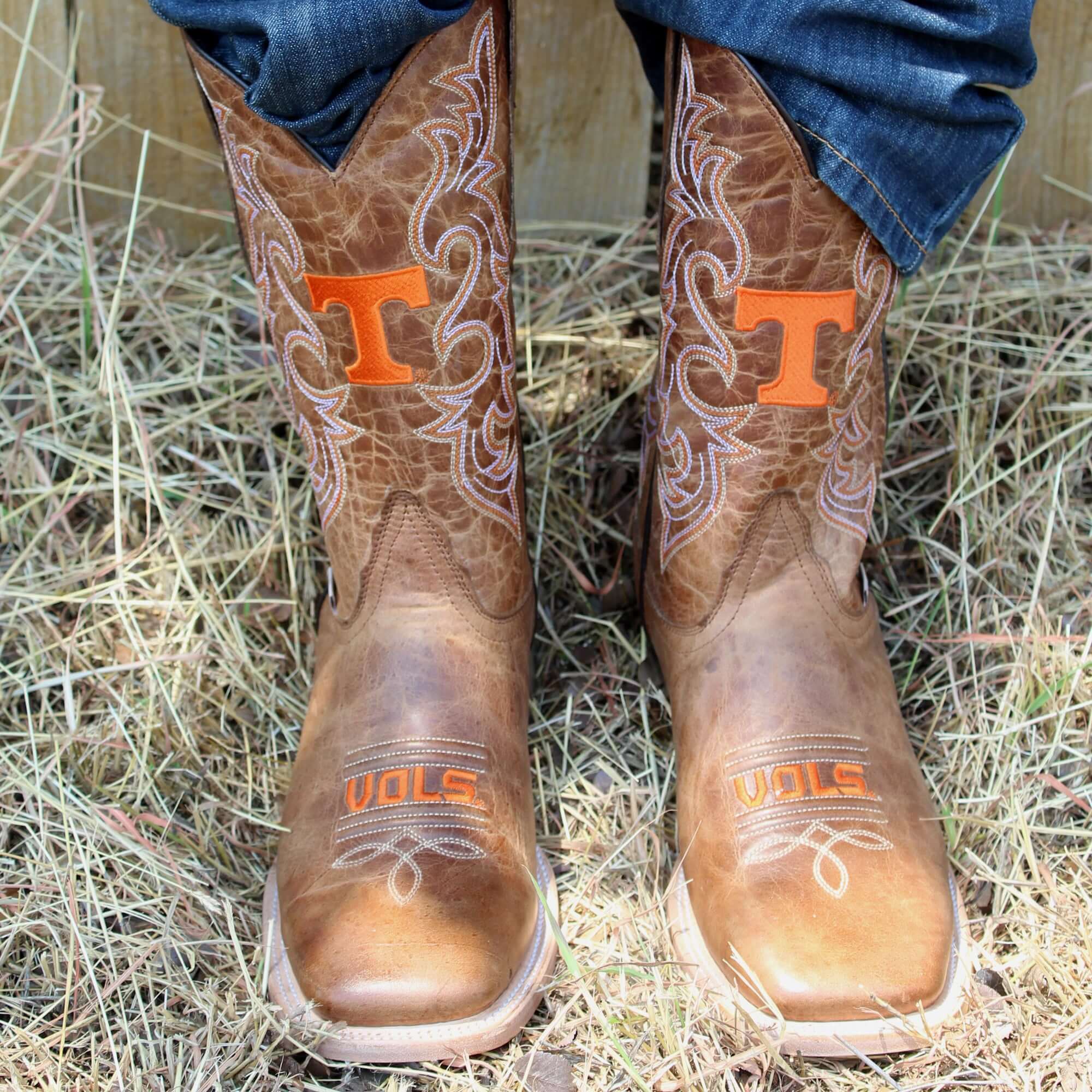 Men's University of Tennessee Vols Tan Leather Square Toe Cowboy Boots by Vaccari