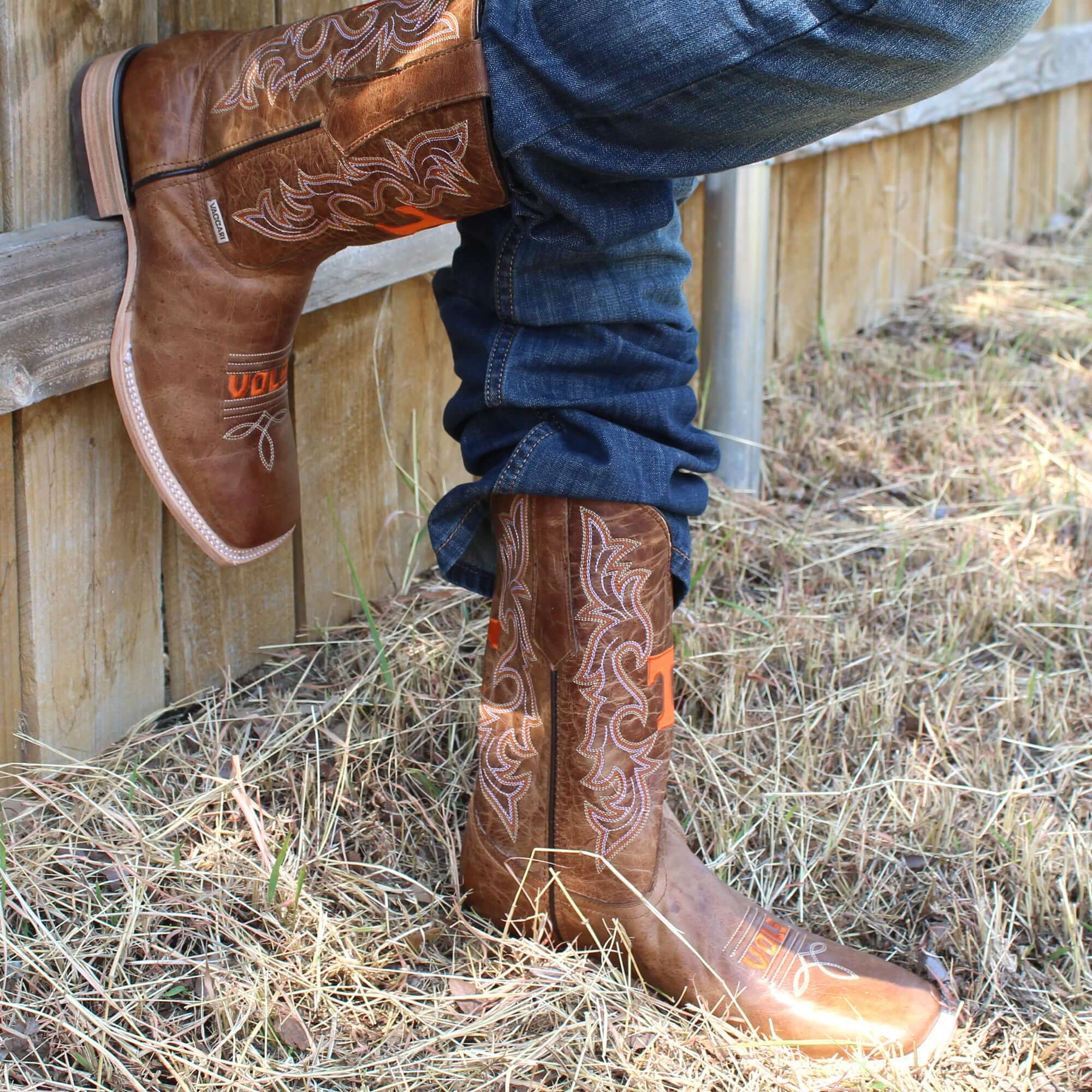 Men's University of Tennessee Vols Tan Leather Square Toe Cowboy Boots by Vaccari