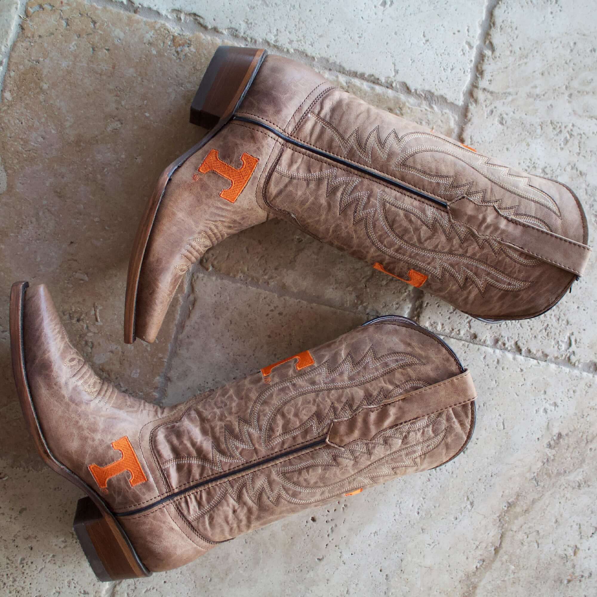 Women's University of Tennessee Vols Tan Leather Snip Toe Cowgirl Boots by Vaccari