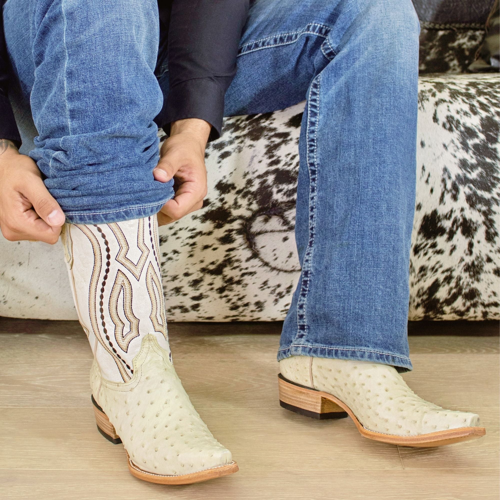 Men's White Ostrich Cowboy Boots Theo by Vaccari Core
