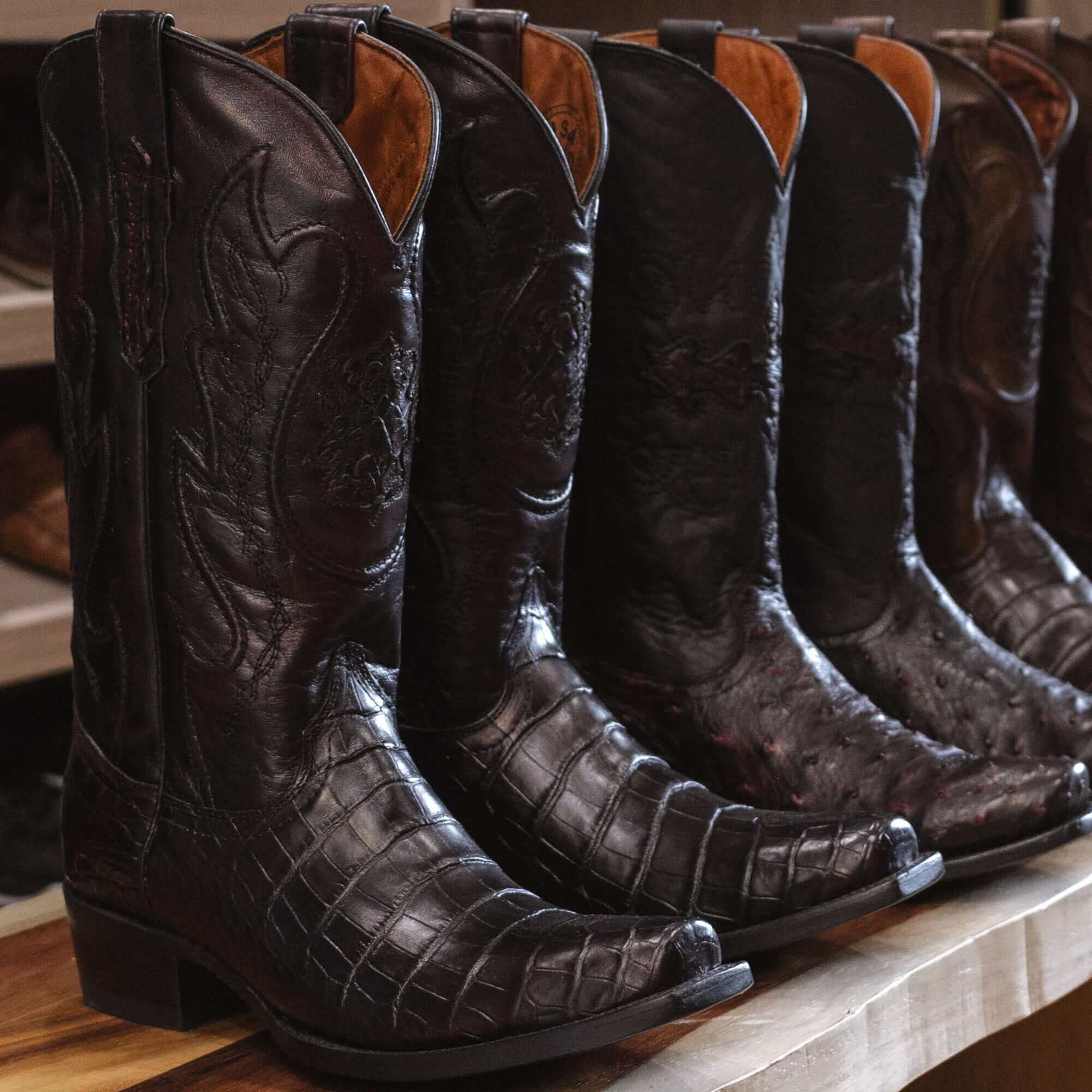 Black Cherry American alligator belly cowboy boots with a caiman texture