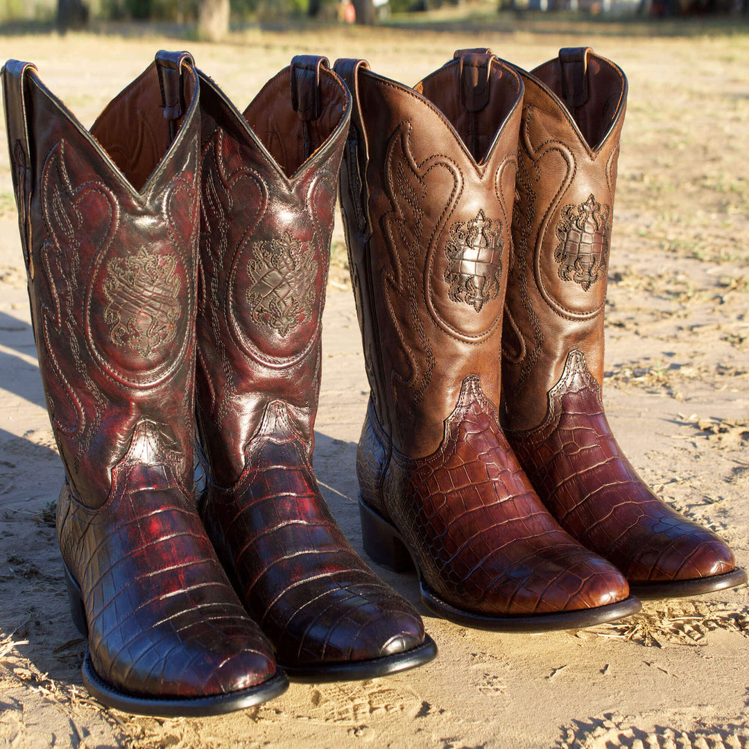 Mens Black Cherry American Alligator Belly Round Toe Western Boot That Looks Similar to Caiman Crocodile