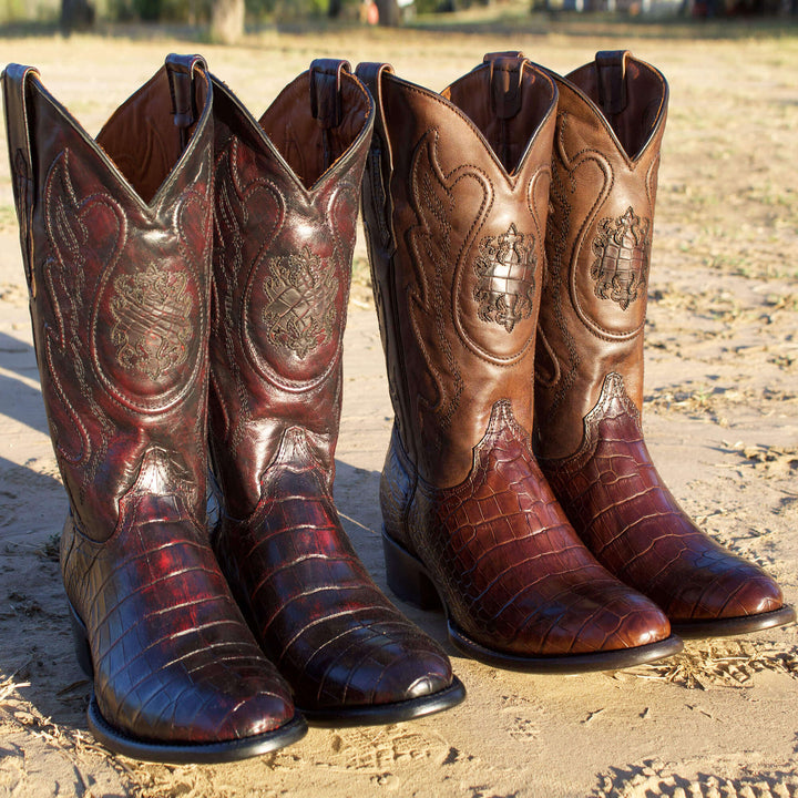 Mens Black Cherry American Alligator Belly Round Toe Western Boot That Looks Similar to Caiman Crocodile