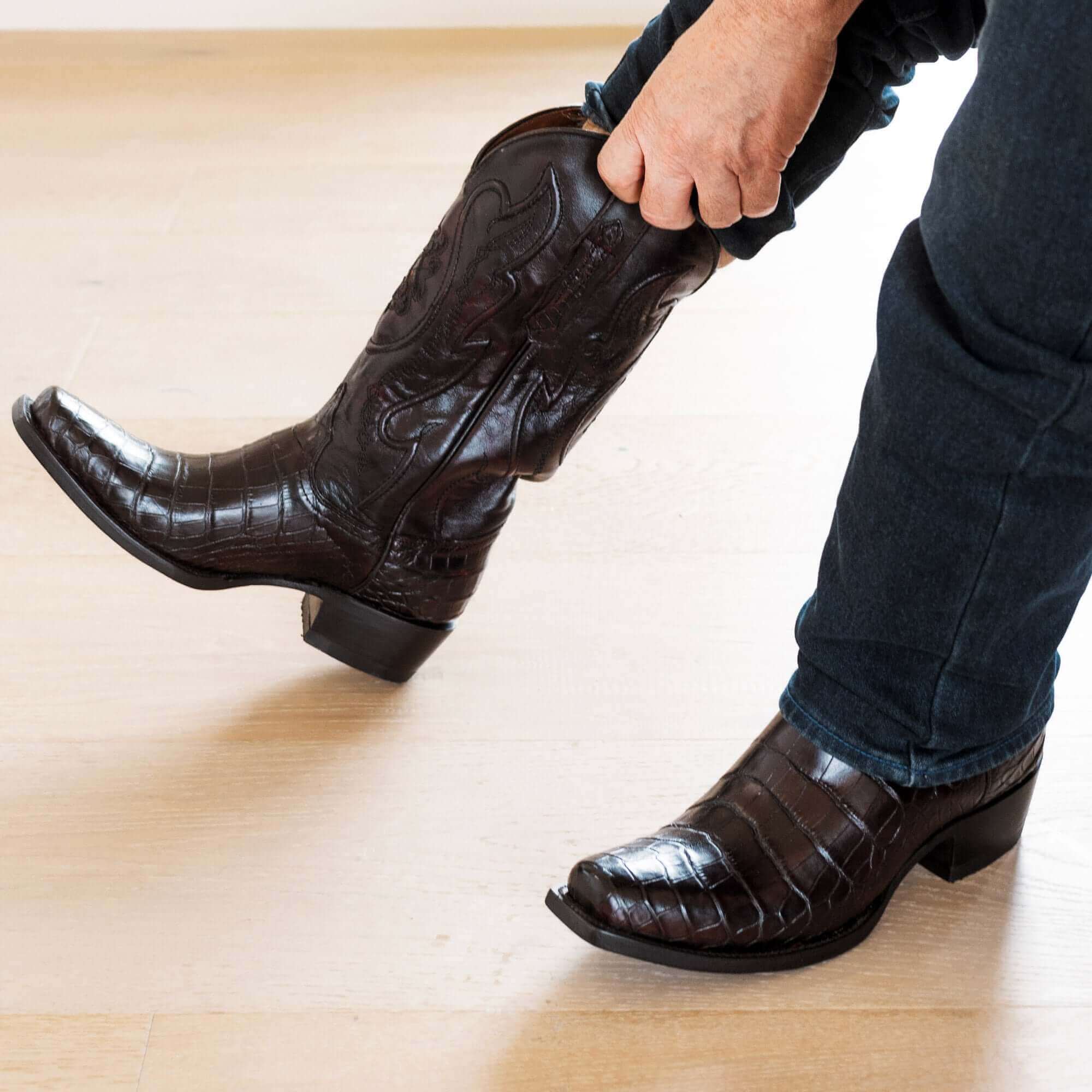 Black Cherry American alligator belly cowboy boots with a caiman texture