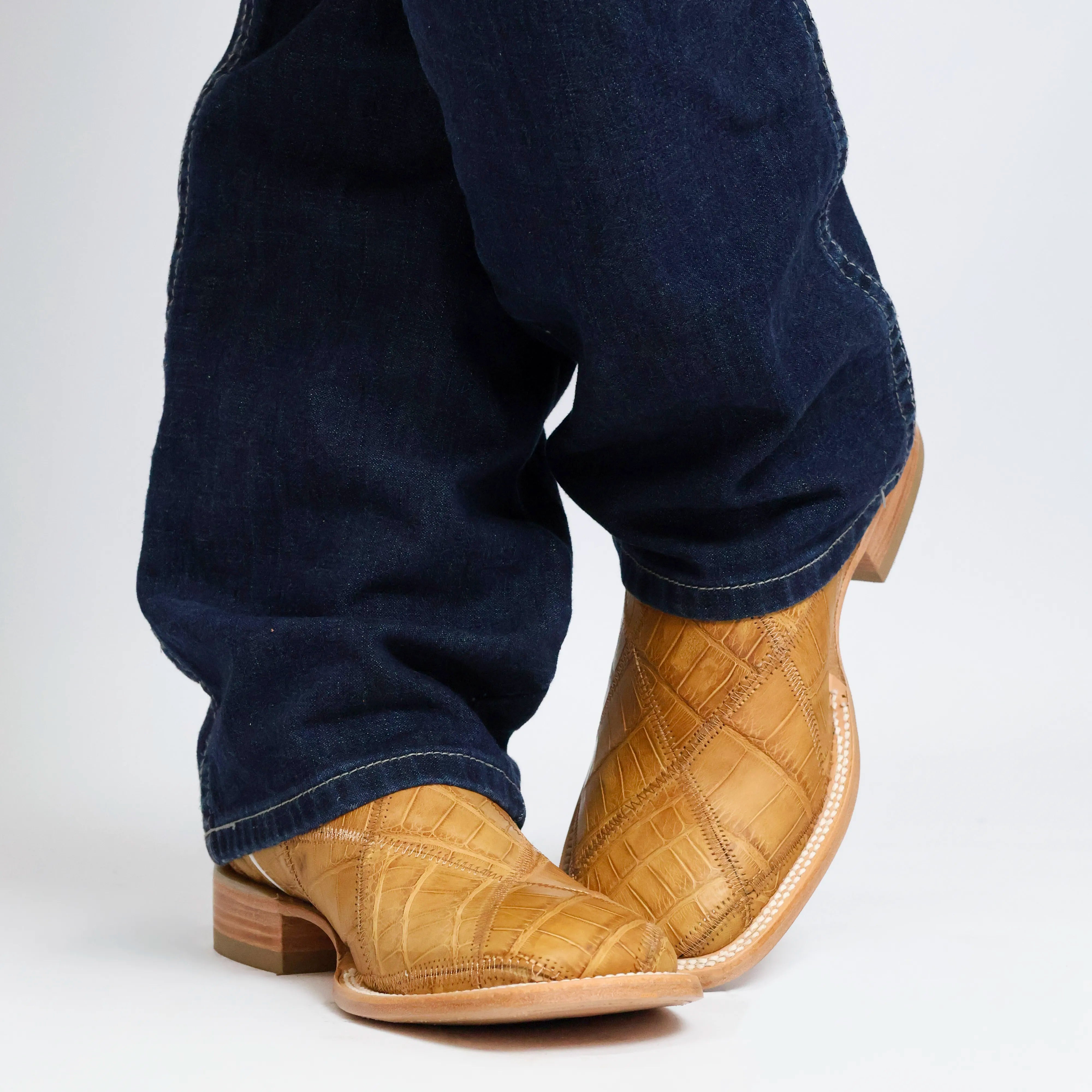 Men's Tan American Alligator Belly Patchwork BS Toe Cowboy Boots by Vaccari