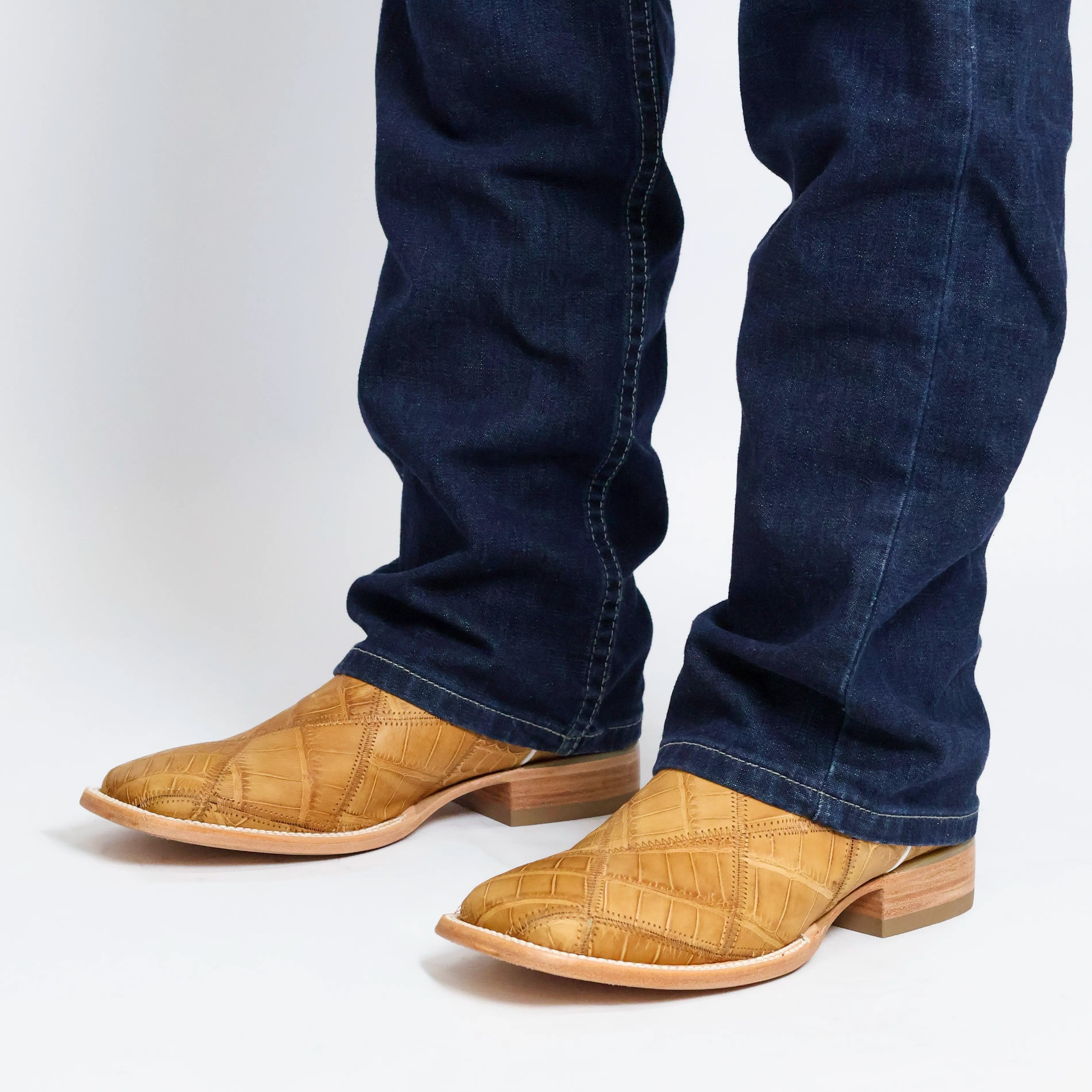 Men's Tan American Alligator Belly Patchwork BS Toe Cowboy Boots by Vaccari