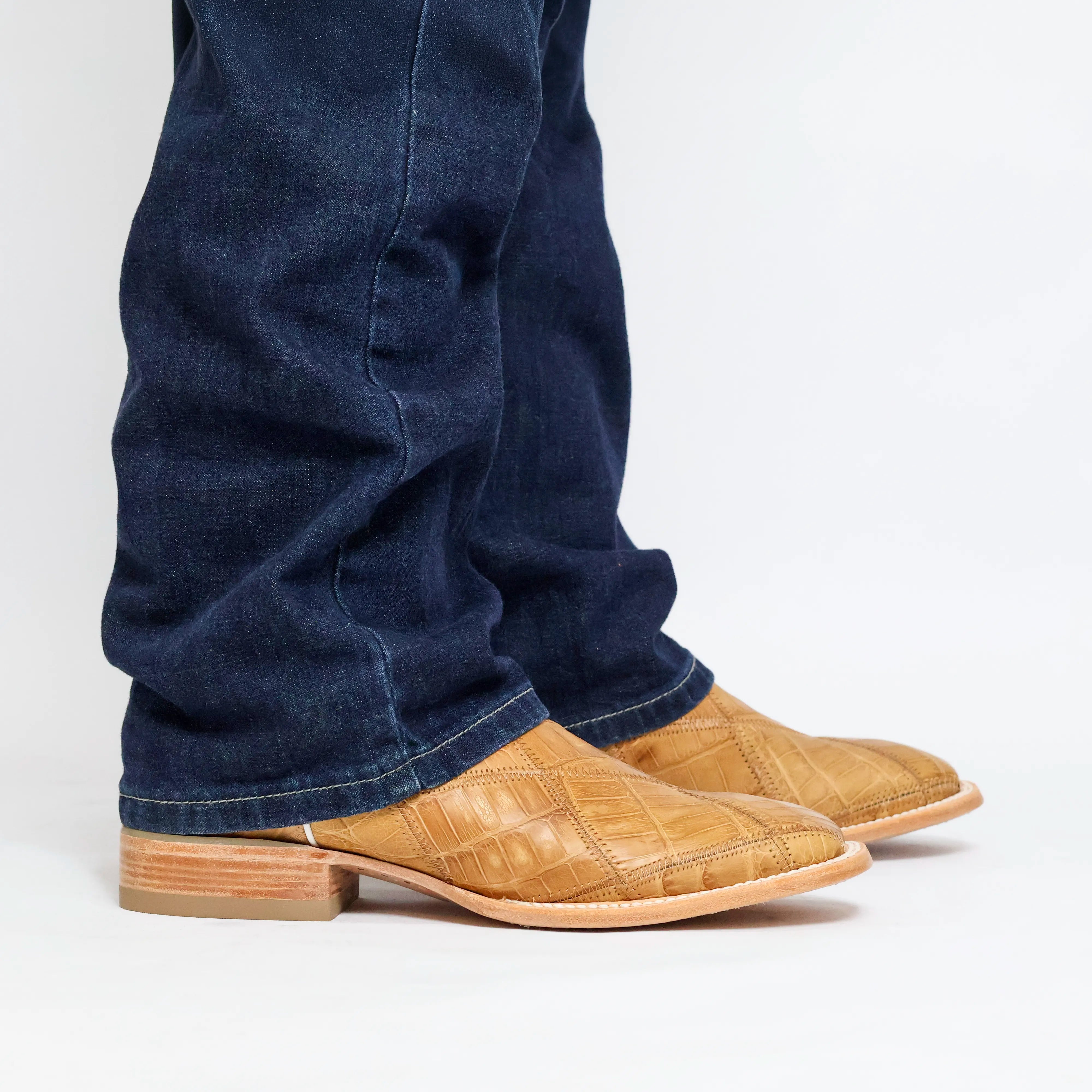Men's Tan American Alligator Belly Patchwork BS Toe Cowboy Boots by Vaccari