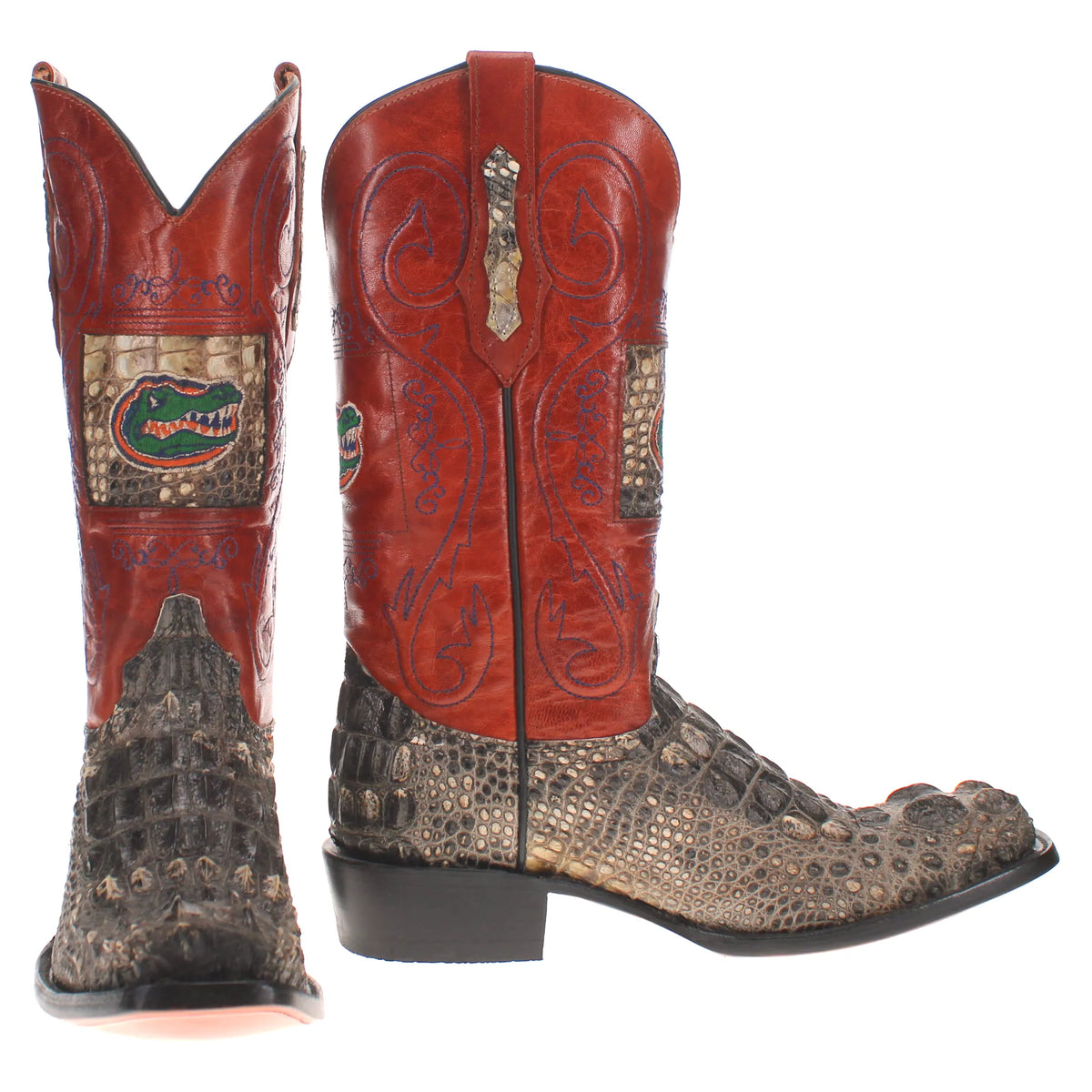 Gunner cowboy boots pair, red shaft with embroidered accents and textured toe